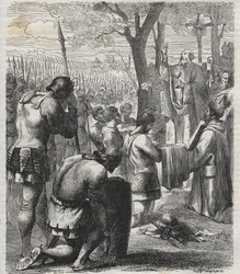 レヒフェルトの戦い（955年）の前に聖体拝領する神聖ローマ皇帝オットー1世 - ドイツ皇帝オットン1世（Othon）（912～973年）は、955年のレヒフェルトの戦いの前に聖体拝領した - 1864年の刻印