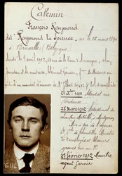 ジュール・ボノ（バンド・ア・ボノ）の共犯者であるレイモン・カレミン（Raymond Callemin dit Raymond la Science）（1890～1913年）の警察手帳と犯行リスト