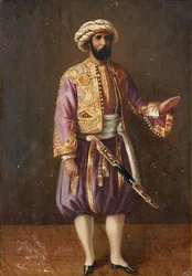 "Portrait du roi de suede Charles XV (1826-1872) en costume turc" (トルコ風ドレスを着たスウェーデン王シャルル15世の肖像) Peinture anonyme 19eme siecle Dim 28,5x20,5 cm Private Collection