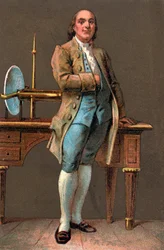 ベンジャミン・フランクリン（1706～1790）の肖像 アメリカの印刷人、出版人、科学者、発明家、政治家、外交官。クロモリトグラフ 個人蔵