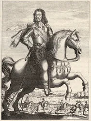 ベルナール・オブ・ザクセン・ワイマール（Saxony-Weimar）（1604-1639）の肖像で、ベルナール公とローハン公によるヴェルトのジョンの捕獲の表現。17世紀のエングレーヴィング。個人蔵。
