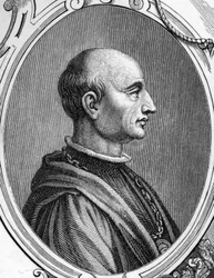 イタリアの画家、ジェンティーレ・ベリーニ（1429-1507）の肖像。1859年にアルマンゴーが制作した「ヨーロッパの画廊-イタリア」に掲載された版画。個人蔵。