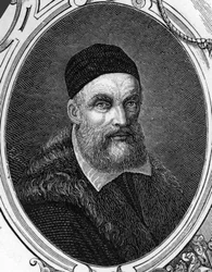イタリアの画家、ヤコポまたはジャコモ・バッサーノ（1518-1592）の肖像。1859年、アルマンゴーによる「ヨーロッパの画廊-イタリア」に掲載された版画。個人蔵。