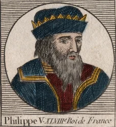 フランス王フィリップ5世（1294年～1322年）の肖像 - フィリップ5世（1294年～1322年）「語らい」 - シャルル・コンスタント・ル・テリエ1821年の「フランス史に関する教本」からの刻印