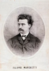 イタリアの作曲家フィリッポ・マルケッティ（1831-1902）の肖像 エングレーヴィング。19世紀ミラノの個人コレクション