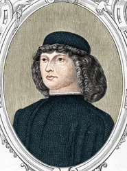 イタリアの画家ジョヴァンニ・ベリーニ（1425/1433-1516）の肖像、1859年にアルマンドーが「ヨーロッパの画廊-イタリア」に掲載した版画。個人蔵。