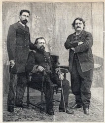 3人の "アカデミデス "の肖像。マリウス・トゥルナード、アキール・ルロワ、マキシム・リスボン（1839-1905）の3人は、フランス・アカデミーを嘲笑うことを目的としていた。1893年6月4日、「Le Petit Parisien」に掲載された版画。