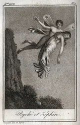 ゼファーに連れ去られるプシュケ。Charles Albert Demoustier (1760-1801)の「Lettres a Emilie sur la mythologie」に掲載された1819年の版画。個人蔵。