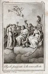 天空の宮廷に差し出されたプシュケ。シャルル・アルバート・ドゥムスティエ（1760-1801）の『Lettres a Emilie sur la mythologie』に掲載された1819年のエングレーヴィング。個人蔵。