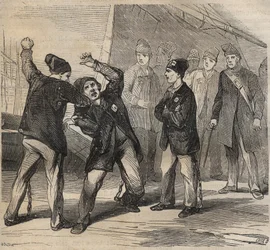 19世紀のトゥーロン・バグネでのプギラートのシーン。Pierre Zaccone (1817-1895) (Colonia Penale - Penal colony)による「Histoire des bagnes depuis leur création à nos jours」(1877)に掲載されたエングレーヴィング。個人蔵。