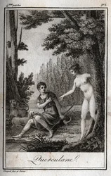 QUERCULANES、ニンフ、水路の守護者。Charles Albert Demoustier（1760-1801）の「Lettres a Emilie sur la mythologie」に掲載された1819年のエングレーヴィング。個人蔵。