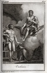 火と鍛冶屋と火山の神、ヴァルカンの表現。(火と火山の神、ヴァルカン)Charles Albert Demoustier (1760-1801)の "Lettres a Emilie sur la mythologie "の中の1819年のエングレーヴィング。個人蔵。