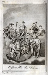 オリンポス山での神々の集会、または12人のオリンポスの神々を表したもの。Charles Albert Demoustier（1760-1801）の「Lettres a Emilie sur la mythologie」に掲載された1819年のエングレーヴィング。個人蔵。