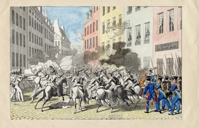 Revolution de juillet 1830 a Paris (The July Revolution of 1830) Anonymous engraving and watercolour 1830 Dim 25,7x40,3 cm Private Collection