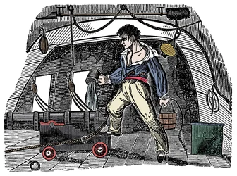 サボタージュ。水兵が火薬に水をかける様子 チャールズ・エルム「The Pirates Own Book」からの版画