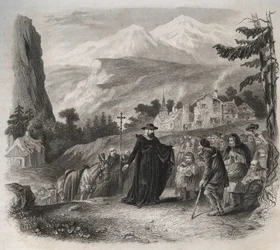 聖フランソワ・ド・サレス(Saint Francois de Sales) (1567-1622)、司牧訪問中のジュネーヴの前夜祭。1846年の「Lives of the saints」に掲載されたエングレーヴィング。個人蔵。