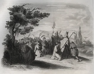 亡命先から戻った聖ヒレール・ド・ポワチエ（310-368）。1846年の「Lives of the saints」に掲載されたエングレーヴィング。個人蔵。