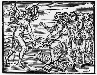 サタンは未来の弟子たちに十字架の上を歩かせる - "Compendium Maleficarum", 魔女とその悪とその救済を扱っている Francesco Maria Guazzo or Guaccio or Guaccius (15? -16?) 1608年 個人蔵