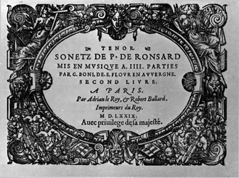フランスの詩人ピエール・ド・ロンサール（1524-1585）のソネットをギヨーム・ボニが音楽化した第2巻。パリ 1579年