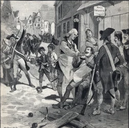 1792年のリールの包囲戦。爆弾の破片を髭用の皿にして客の髭を剃るマエスのかつら。1892年10月16日の「Le petit parisien」に掲載されたエングレーヴィング。プライベート・コレクション