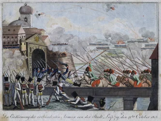 連合軍によるライプツィヒ市街の嵐 - bataille de Leipzig ou bataille des nations (16-19 sctobre 1813) - Anonymous - 1813 - Etching, watercolour - 33,3x27 - Private Collection