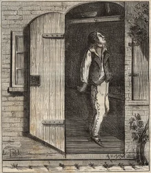 1840年、ロシュフォールの流刑地での自殺。ピエール・ザコンヌ（1817-1895）著『Histoire des bagnes depuis leur création à nos jours』（1877）所収の版画（流刑地）。個人蔵。