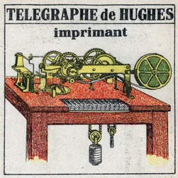 Telegraph: electric telegraph printer by David Edward Hughes (1831-1900).1925年の匿名のイラスト。個人蔵。