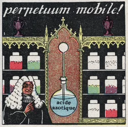 温度と膨張：16世紀に薬屋が使用した最初の温度計「mobile perpetuum」。1925年の匿名のイラスト。個人蔵。