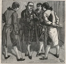 イギリスの鉱物学者John Mawe（1764-1829）によるブレシリアンフェイクダイヤモンドのテスト。Adolphe BITARDの "Les arts et metiers illustres "に掲載された1885年のエングレーヴィング。