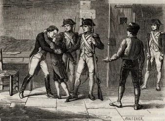 1793年、サン・ジャン要塞（マルセイユ）でのモンパンシエ公爵（アントワーヌ・ドルレアン）とボージョレ公爵（ルイ・シャルル・ドルレアン） - アルフォンス・ド・ラマルティーヌ（1790-1869）の「ジロンダンの歴史」に掲載されたエングレーヴィング 1865-1866 - 個人蔵