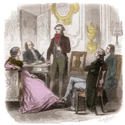 マダム・ローランの家でのジロンダンたち - Reunion des Girondins chez Madame Roland (Manon (Jeanne Marie) Roland Philipon) (1754-1793) - アルフォンス・ド・ラマルティーヌ(1790-1869)による「ジロンダンの歴史」のエングレーヴィング 1865-1866 - 個人蔵