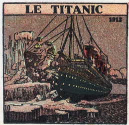 T.S.F.：1912年、タイタニック号の沈没事故。氷山に引っかかった船のT.S.F.ポストから遭難メッセージが送られた。1925年の匿名のイラスト。個人蔵。
