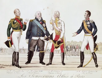 連合国の主権者たち。1815年9月、パリで同盟書に署名するロシアのアレクサンドル1世、フランスのルイ18世、オーストリアのフランソワ2世、プロイセンのフリードリヒ・ウィリアム3世（リトグラフ