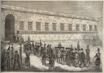 19世紀のロシュフォールのバッグン。ピエール・ザッコーネ（1817-1895）の「Histoire des bagnes depuis leur création à nos jours」（1877年）に掲載された版画（コロニア・ペナーレ＝流刑地）。個人蔵。