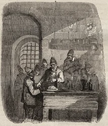 19世紀のブレストのバッグンの水筒。ピエール・ザッコーネ（1817-1895）の「Histoire des bagnes depuis leur création à nos jours」（1877年）に掲載されている版画（Colonia Penale - Penal colony）。個人蔵。