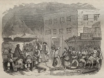 19世紀のロシュフォールのバッグンの水筒。ピエール・ザッコーネ（1817-1895）の「Histoire des bagnes depuis leur création à nos jours」（1877年）に掲載されている版画（コロニア・ペナーレ-流刑地） 個人蔵。