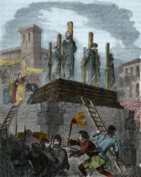 オルレアンの異端児の事件：1022年にオルレアンで異端児のために聖職者が屠殺刑に処せられた。(敬虔なロバート2世(996-1031)の支配下にあった西欧における異端者対策の歴史の中で最初のブッチャー。19世紀のエングレーヴィング