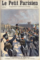 サン・キュール（Saint-Cyr）の100周年記念。ナポレオン1世ボナパルト（1769-1821）が、この軍事学校の学生たちの最初の審査を通過する。1908年12月04日の新聞「Le petit parisien」の1枚。個人のコレクション。
