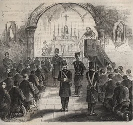 19世紀のトゥーロンのバッグンの礼拝堂。ピエール・ザッコーネ（1817-1895）の「Histoire des bagnes depuis leur création à nos jours」（1877年）に掲載されている版画（Colonia Penale - Penal colony）。個人蔵。