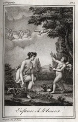愛の子供時代。Charles Albert Demoustier (1760-1801) の『Lettres a Emilie sur la mythologie』に掲載された1819年のエングレーヴィング。個人蔵。