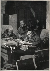 クリソグラフ：中世に金文字でイルミネーションを行っていた写字修道士たち。Adolphe BITARDの "Les arts et metiers illustres "に掲載された1885年のエングレーヴィング。