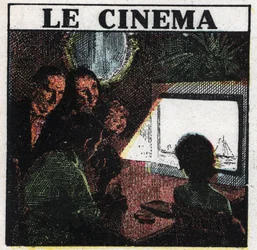 撮影監督：スクリーンで映画を見る家族。1925年の匿名のイラスト。個人蔵。
