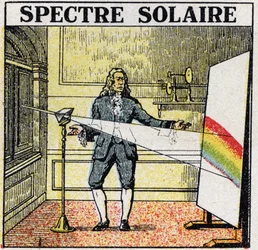 色：アイザック・ニュートン（1642-1727）が研究した太陽スペクトル。1925年の匿名のイラスト。個人蔵。