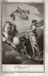 夜明け（アポロが太陽の戦車を導く）。日の出のアレゴリー。Charles Albert Demoustier（1760-1801）の「Lettres a Emilie sur la mythologie」に掲載された1819年のエングレーヴィング。個人蔵。