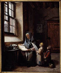 The grandmother 祖母が二人の孫を読んでいる。匿名の絵画。19世紀個人蔵