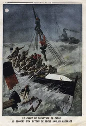 沈没したイギリス漁船を救助するカレーの救命艇。1912年11月2日、「Le Petite Journal」誌に掲載された版画。個人蔵。