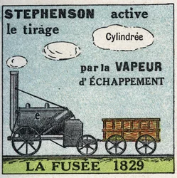 機関車：ジョージ・ステファンソン（1781-1848）が1829年に発明したロケット。1925年の匿名のイラスト。個人蔵。