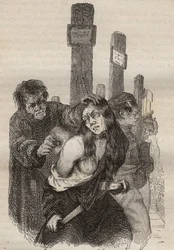19世紀のロシュフォールのバッグンのマーク。ピエール・ザッコーネ（1817-1895）の「Histoire des bagnes depuis leur création à nos jours」（1877年）に掲載されている版画（Colonia Penale - Penal colony）。個人蔵。