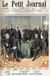ルーヴィエの省庁：左から右の下の方。ジョセフ・ルオー（1865-1923）、農務大臣、ガストン・トムソン（1848-1932）、海洋大臣、モーリス・ルヴィエ（1842-1911）、評議会議長兼財務大臣、エティエンヌ・クレメンテル（186