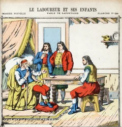 耕す人とその子供たち。Jean de LA FONTAINE（ラフォンテーヌ）（1621-1695）の「Les Fables」の匿名の挿絵。1880年頃、ポン・ア・ムソンの画像。個人蔵。